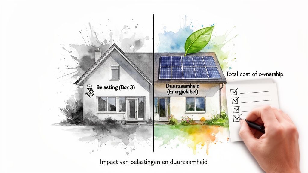 Afbeelding toont de impact van belastingen (Box 3) en duurzaamheid (energielabel, zonnepanelen) op de totale kosten van een huis.