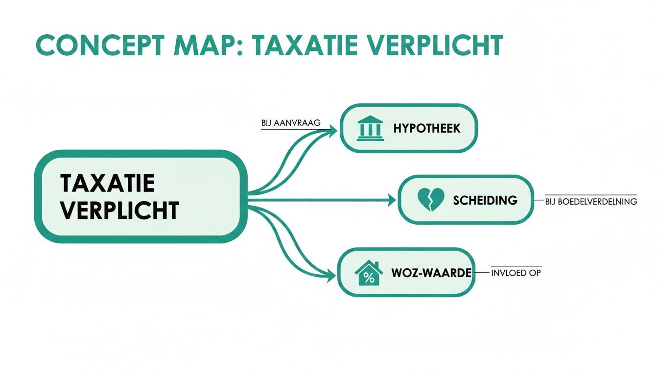 Conceptmap die uitlegt wanneer een taxatie verplicht is, zoals bij hypotheek, scheiding of de WOZ-waarde.