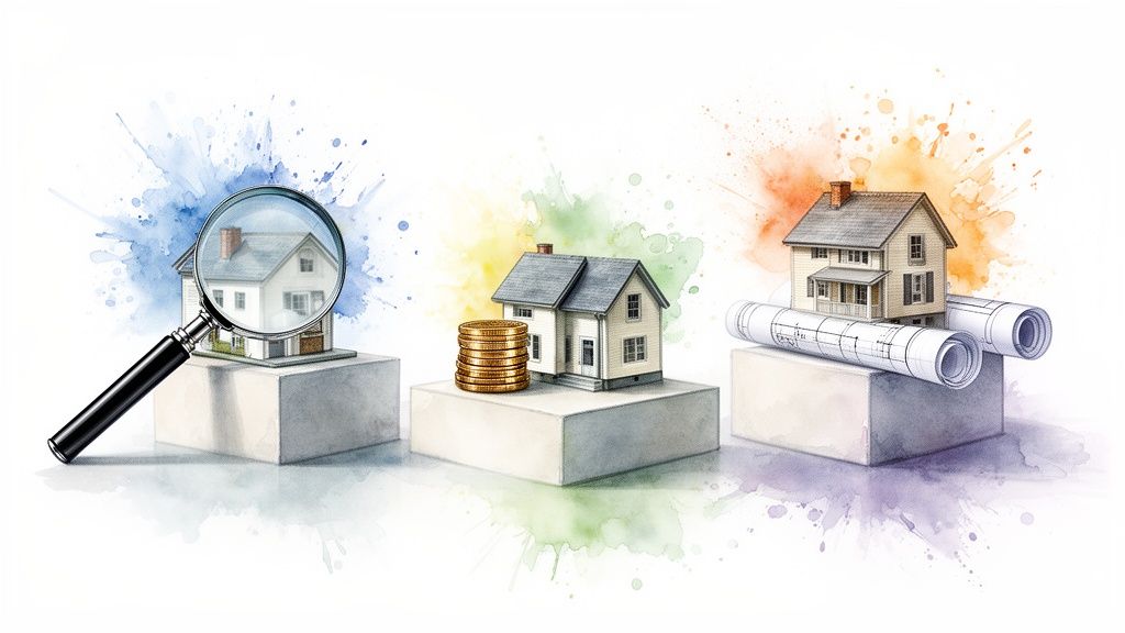 Een vergrootglas inspecteert een huis, naast een huis met munten en een huis op bouwplannen.