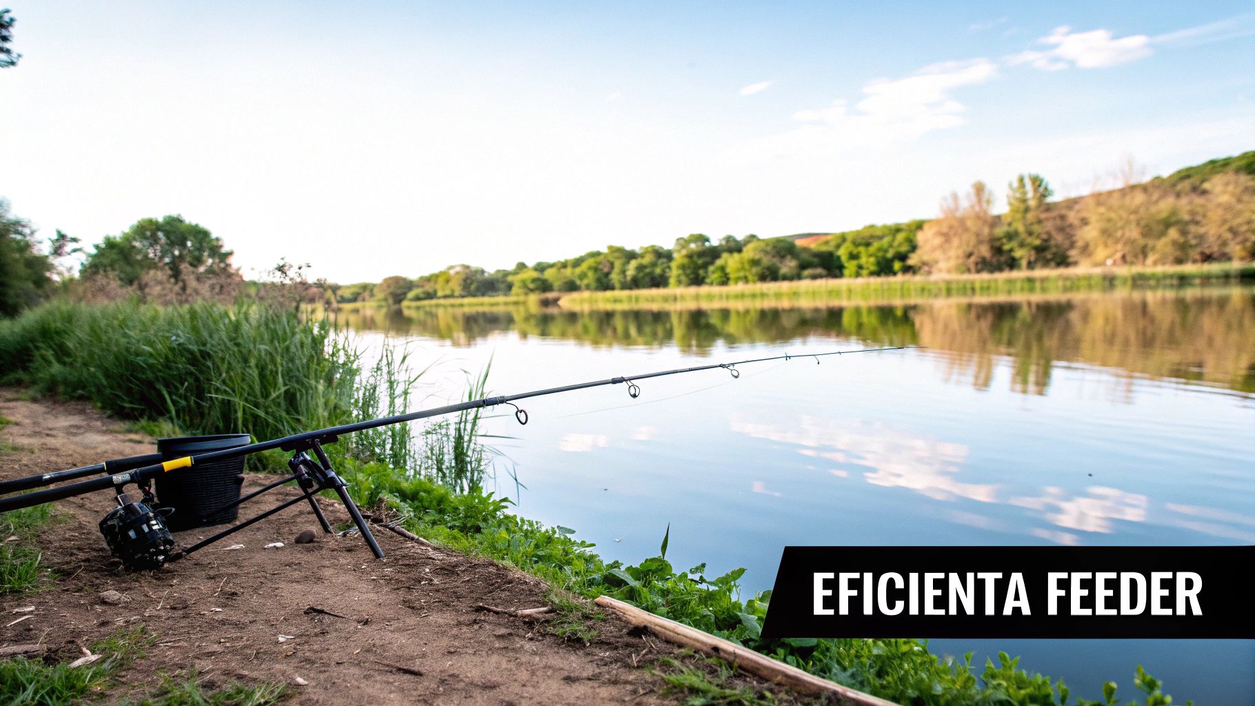 Pescari folosind o montură feeder pentru caras pe malul unui lac