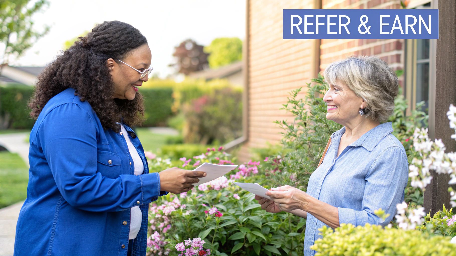 A graphic illustrating how a referral program works, with icons representing a happy customer, a referral message, and a new customer.