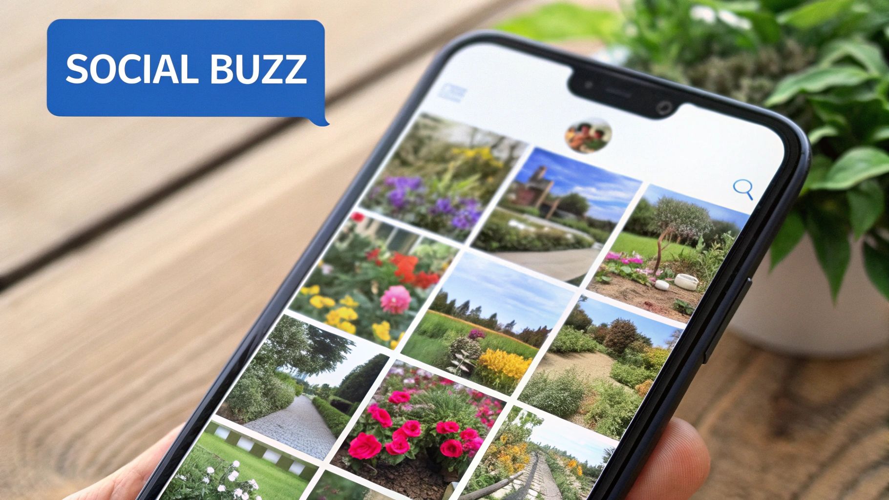 A social media post on a phone screen showing a beautifully landscaped backyard with a stone patio and lush garden.