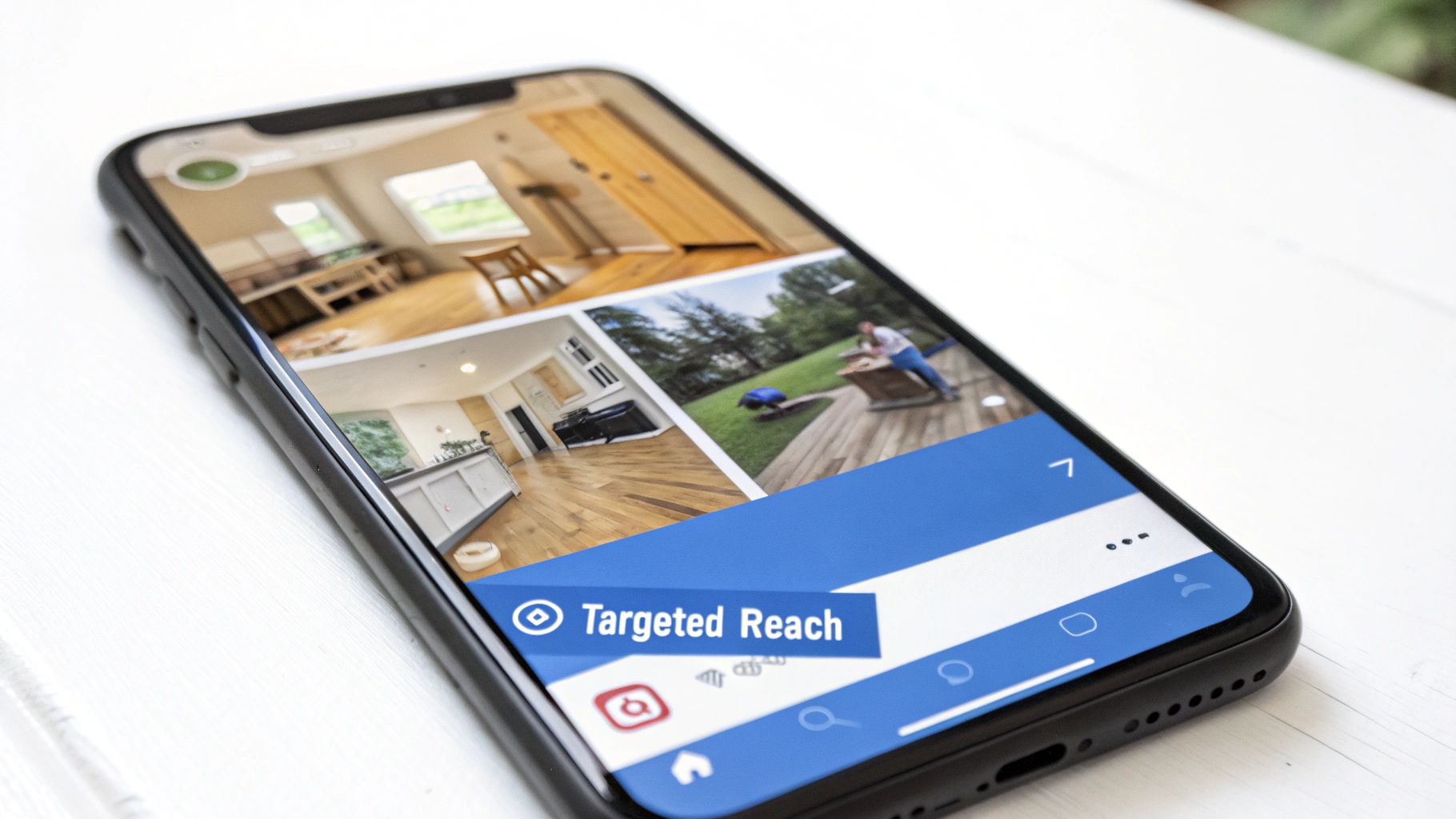 A contractor's ad on a smartphone showing a beautifully renovated kitchen.