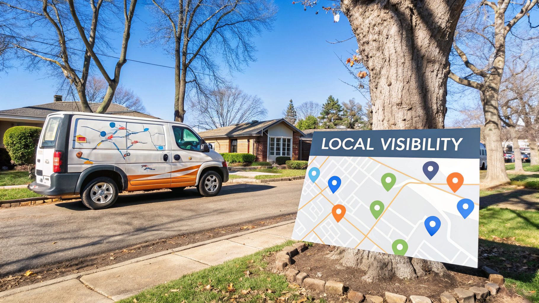 An arborist team consulting a digital map on a tablet with a work truck in the background, showcasing modern business management.
