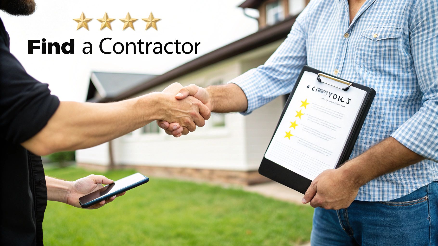 Two men shaking hands to hire a contractor for home improvement, with reviews and phone.