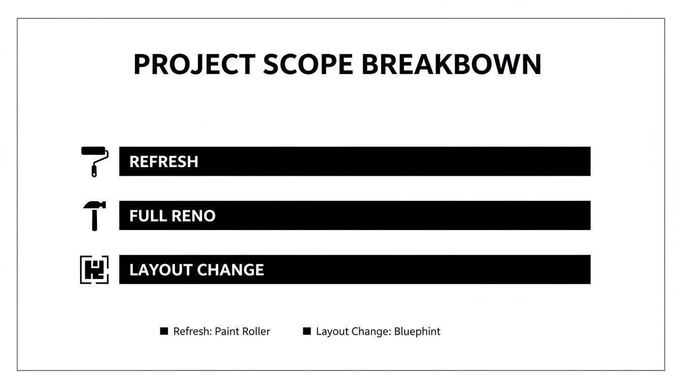 A project scope breakdown graphic showing options for refresh, full renovation, and layout changes with icons.