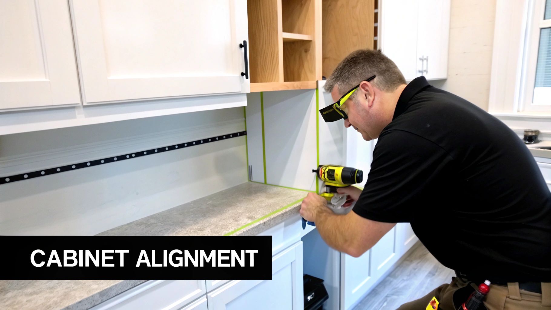 A man in safety glasses applies caulk while installing and aligning kitchen cabinets.