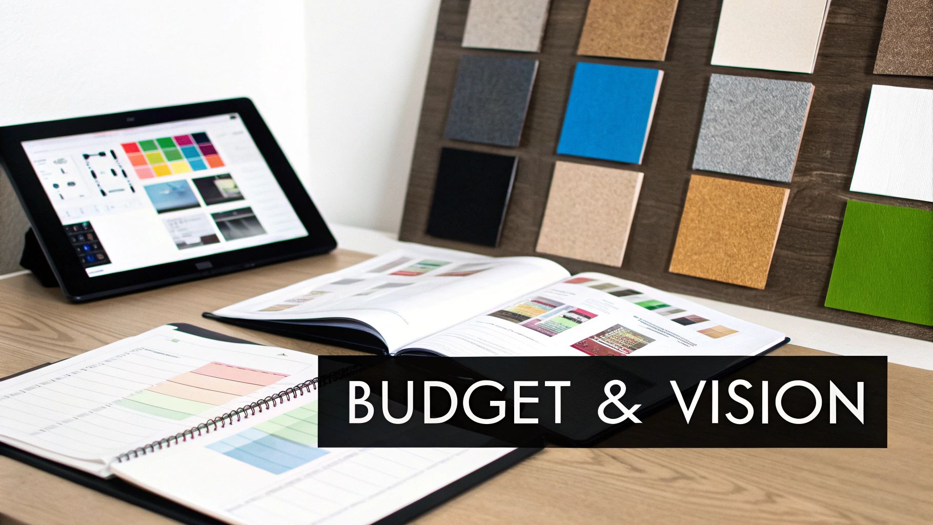 A desk setup featuring a tablet, open design catalogs, and material samples for creative project planning.