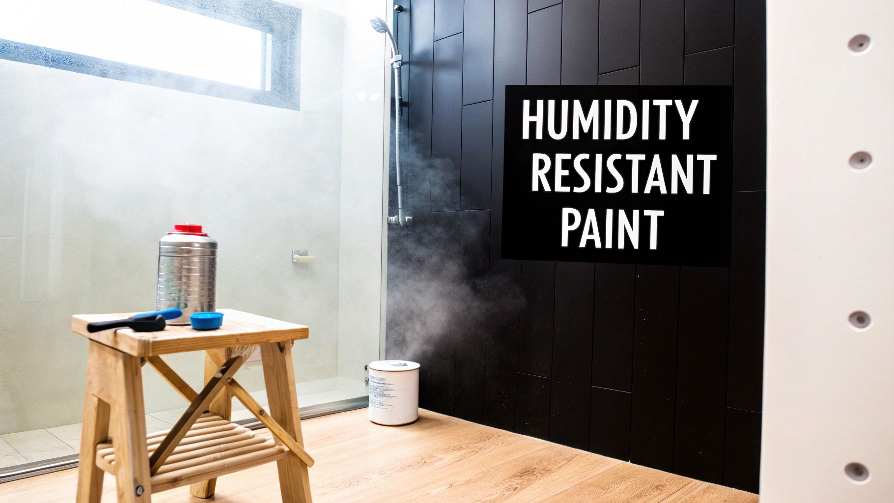 Applying humidity resistant paint to black bathroom walls in a modern shower area with steam.