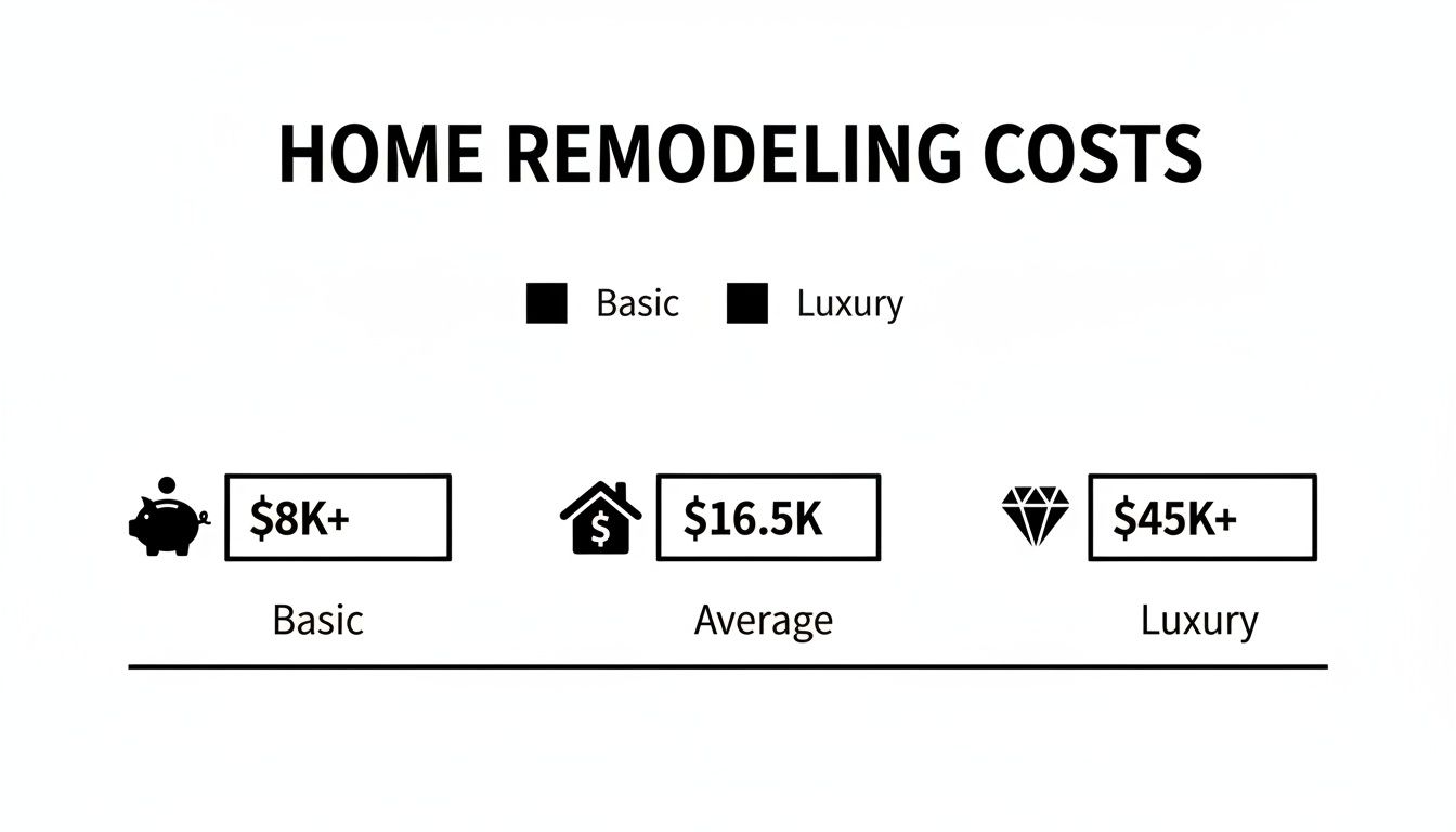 Home remodeling costs chart showing basic, average, and luxury price ranges with symbols.