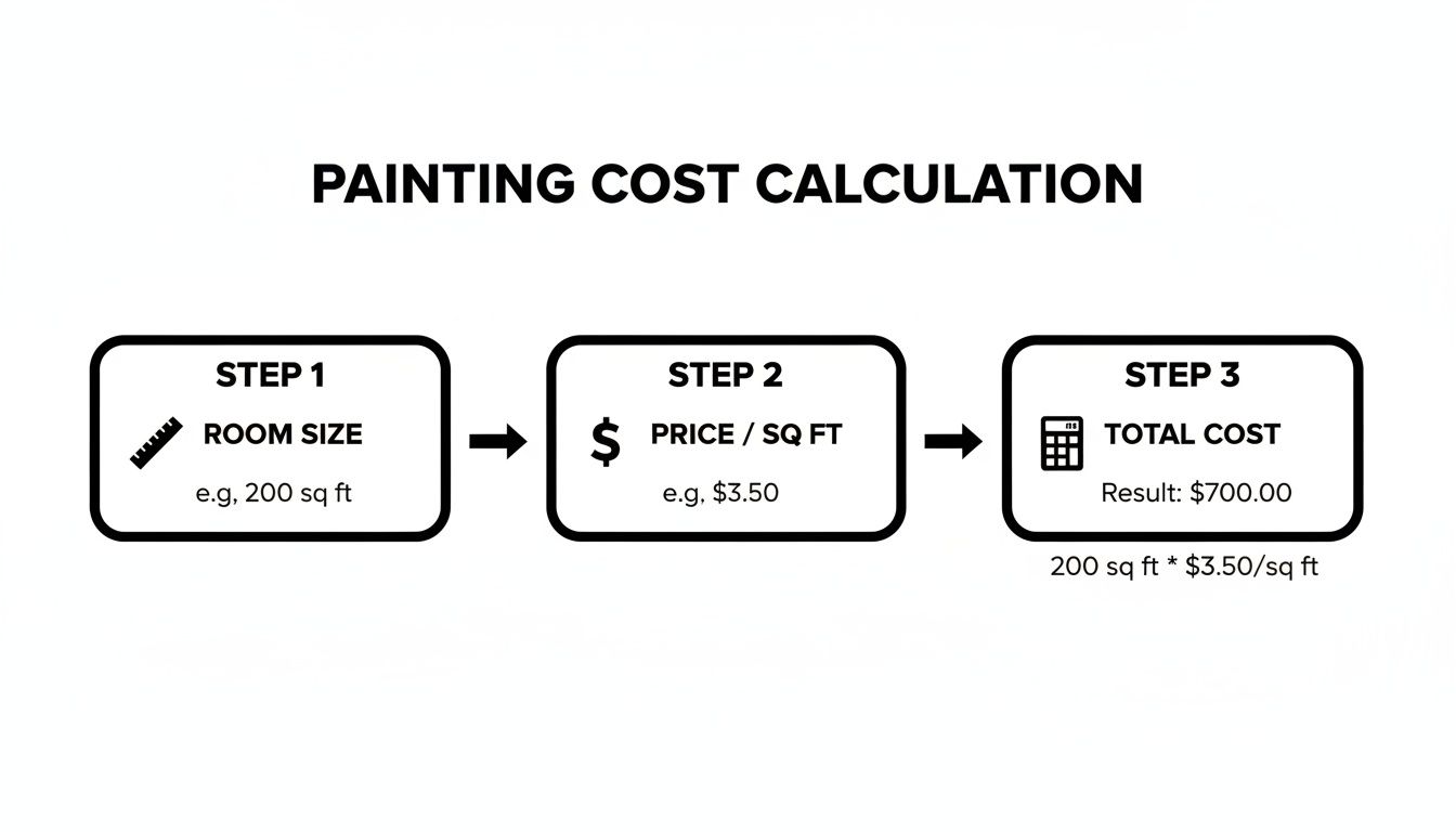 Flowchart showing painting cost calculation steps: room size, price per square foot, and total cost.