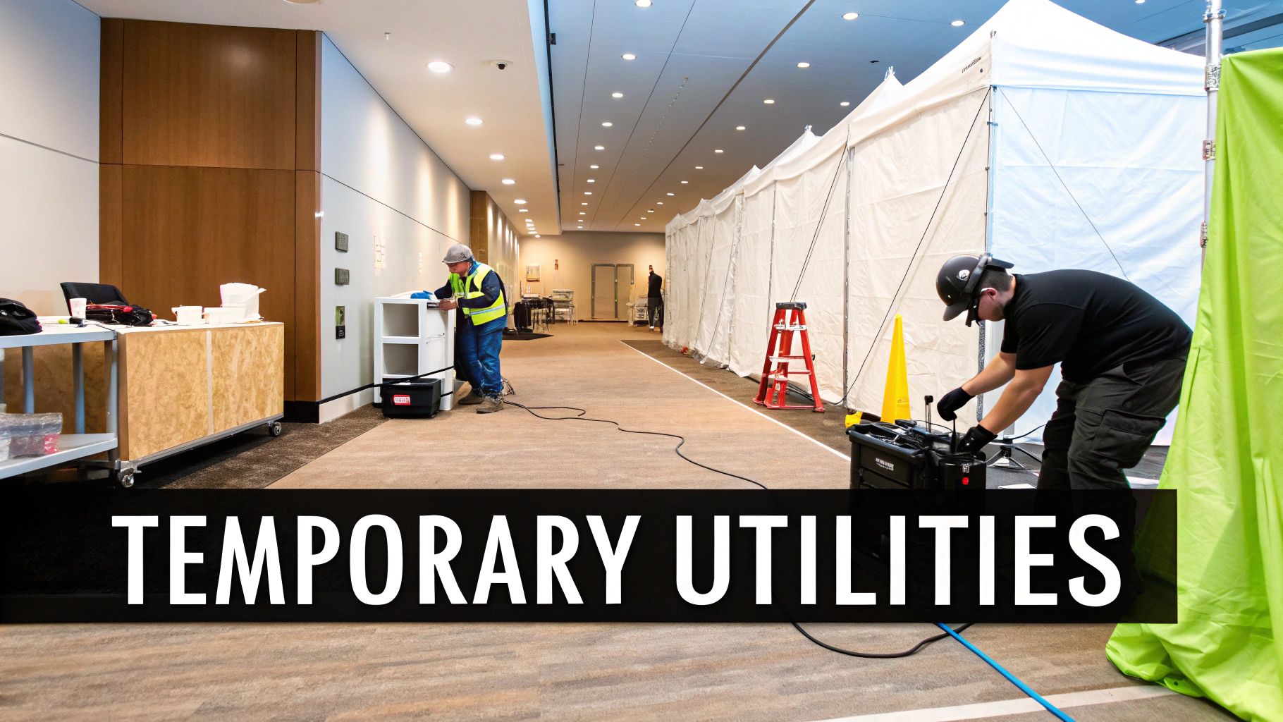 Workers install temporary power and equipment next to a large white tent structure indoors.