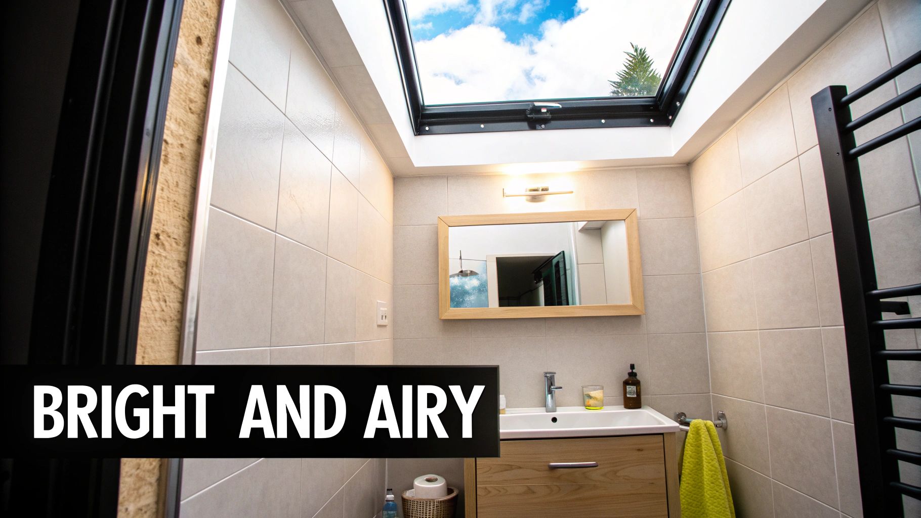 A small, bright bathroom with a skylight, wooden vanity, mirror, and tiled walls.
