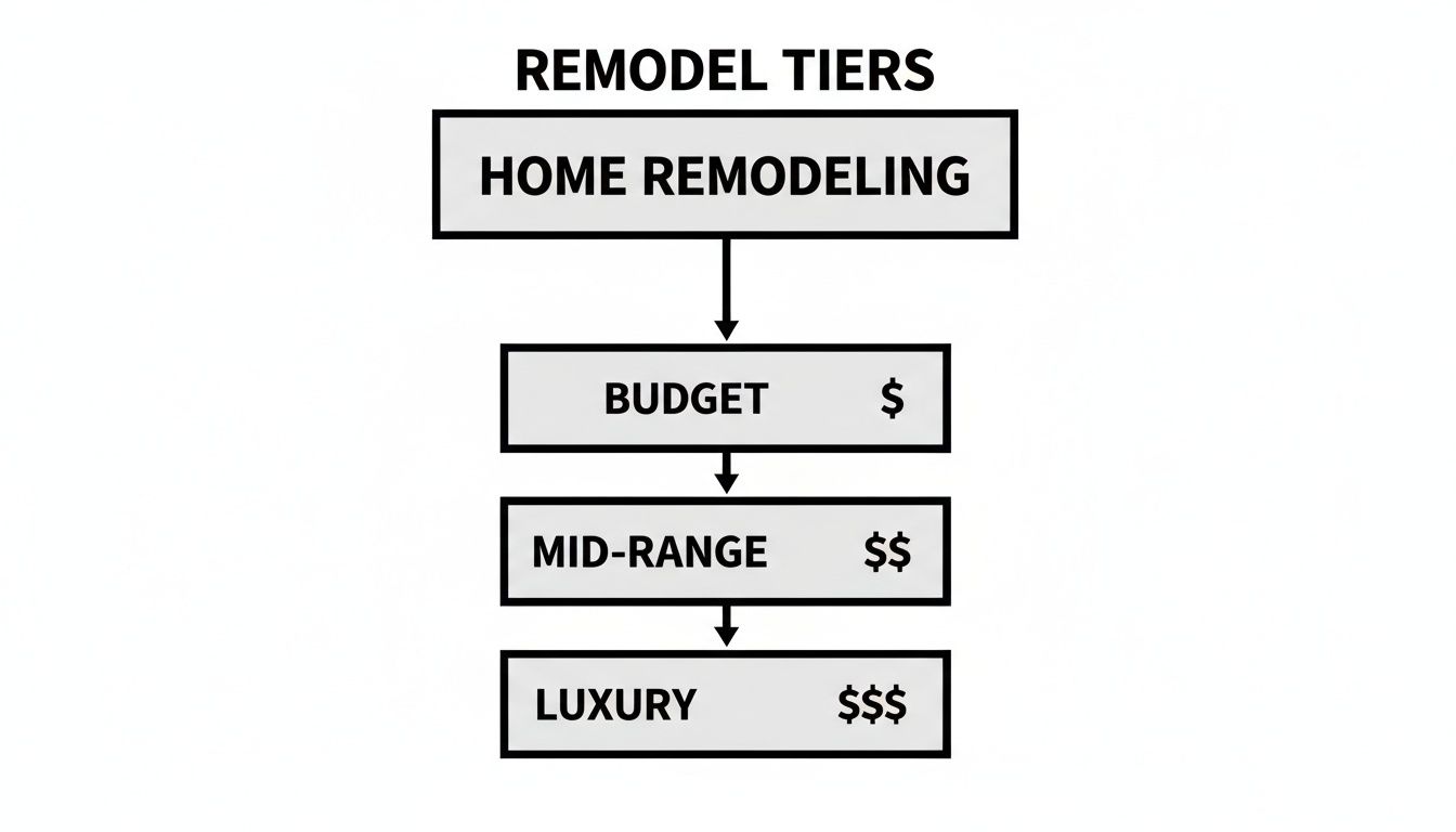 A flowchart detailing home remodeling tiers from Budget ($), Mid-range ($$), to Luxury ($$$).