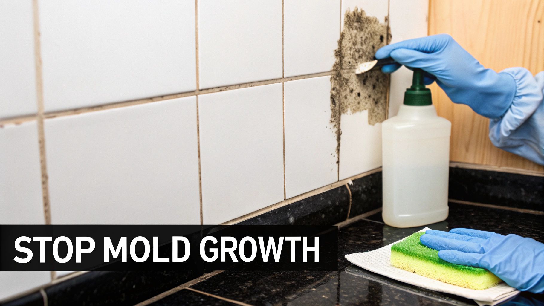 A person in blue gloves scraping black mold off white kitchen tiles with a cleaner bottle nearby.