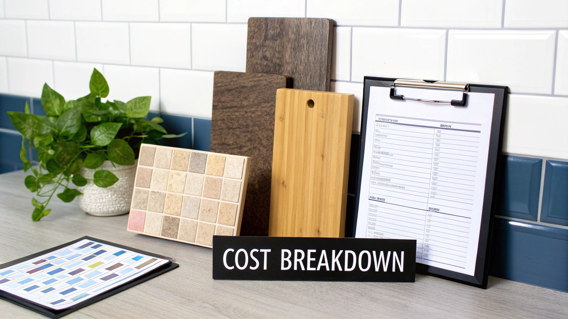Home renovation planning materials like tile and wood samples with a cost breakdown sign.