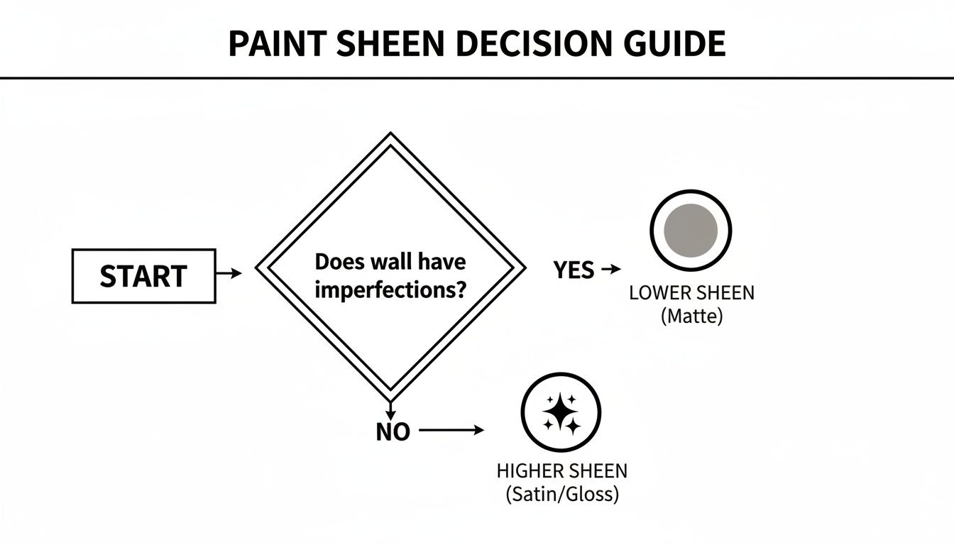 A flowchart guiding paint sheen selection: lower sheen for imperfect walls, higher sheen for smooth walls.