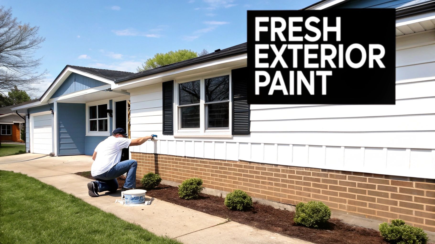A man paints the white exterior siding of a house with fresh paint, improving its curb appeal.