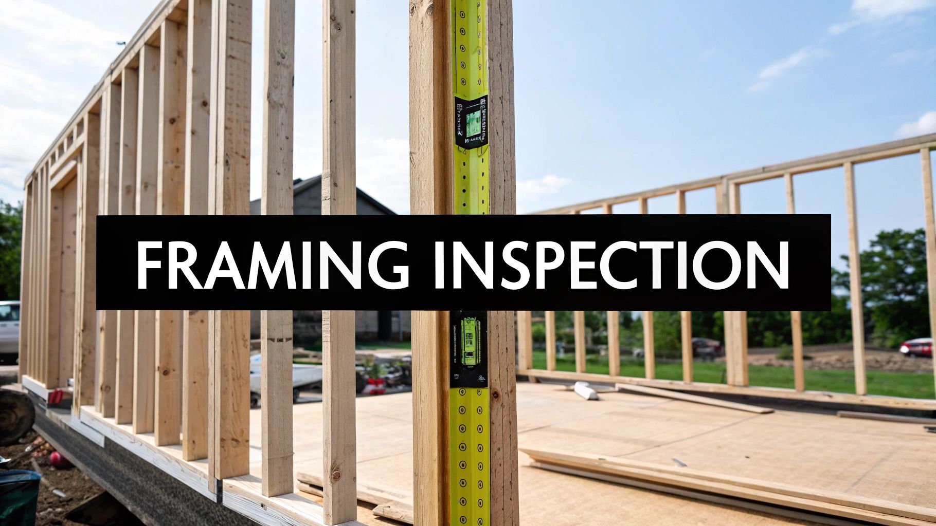 A construction site showcasing the wooden framing of a house, with a level tool and a 'FRAMING INSPECTION' banner.