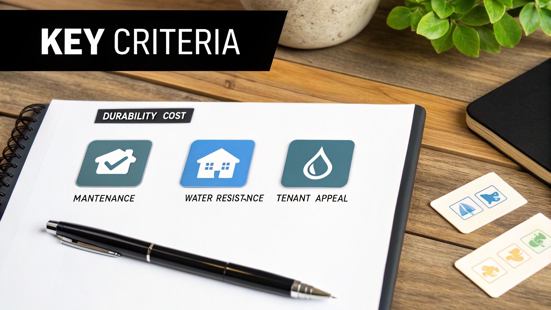 A notebook displaying key property criteria: maintenance, water resistance, and tenant appeal.