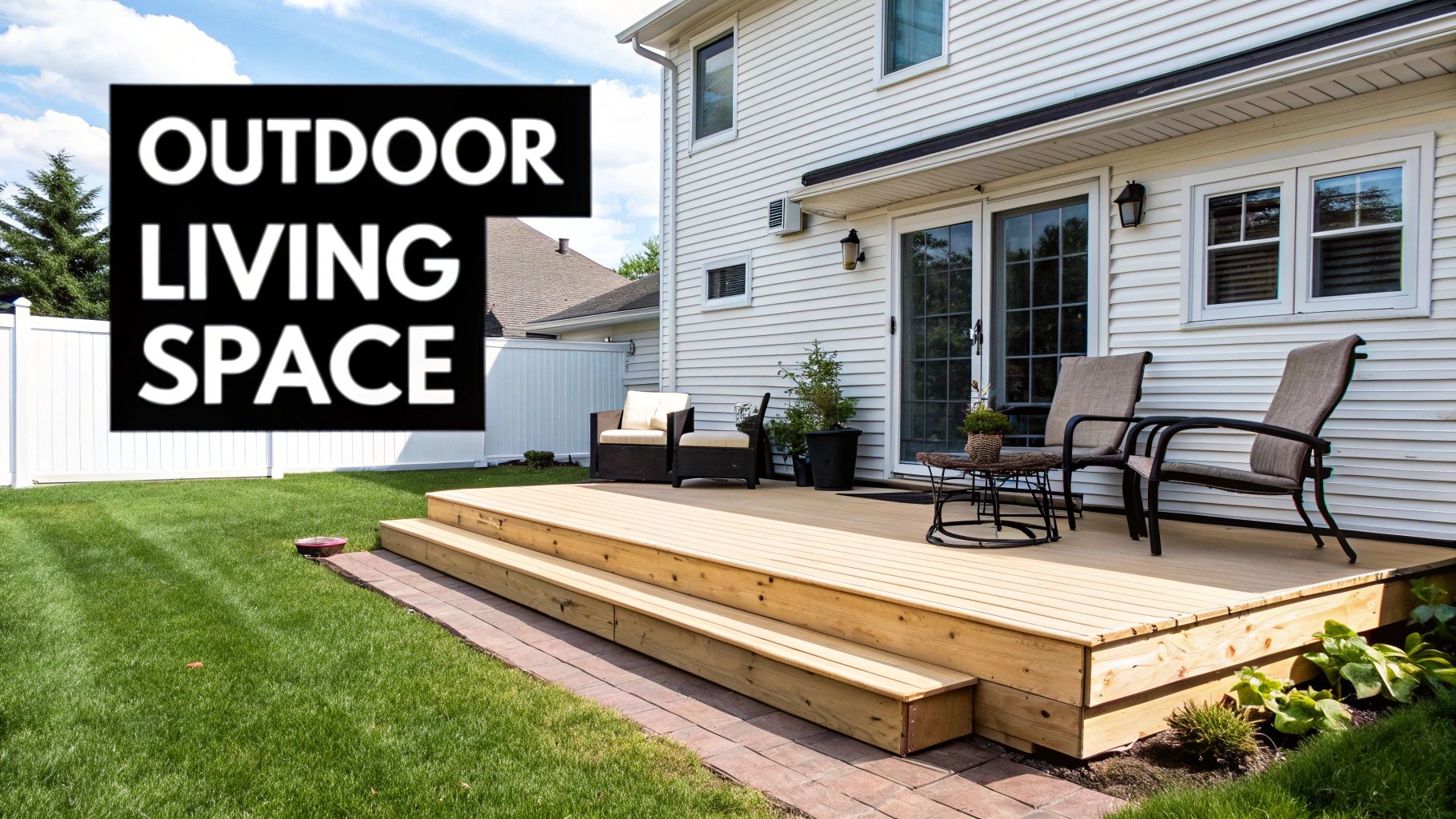 Backyard with a wooden deck, outdoor furniture, and a green lawn. Sign highlights 'Outdoor Living Space'.