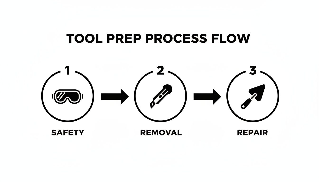 A three-step process flow diagram illustrating tool preparation: safety, removal, and repair.