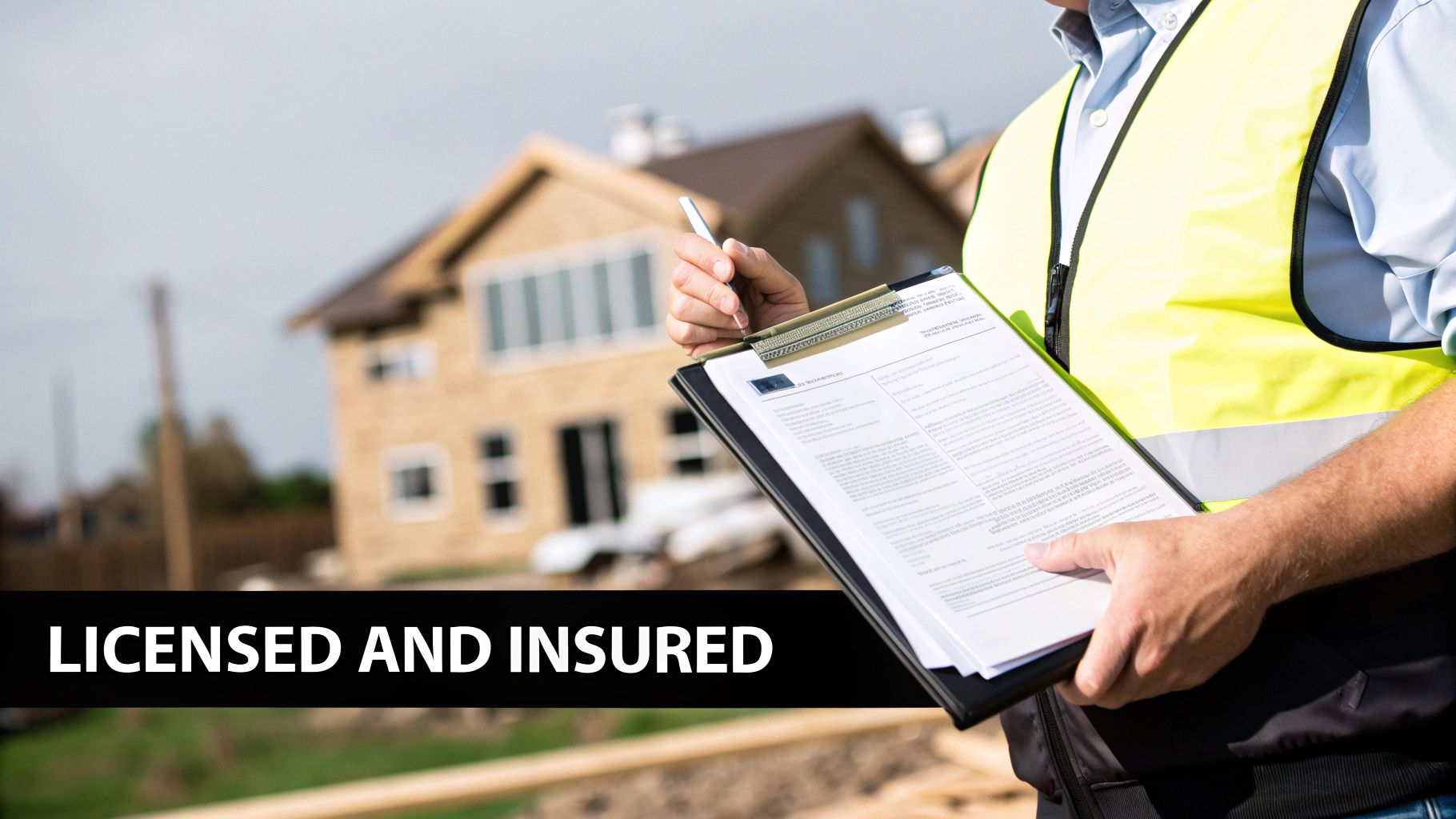 Construction worker in safety vest holding a clipboard, standing in front of a new house. Text: LICENSED AND INSURED.