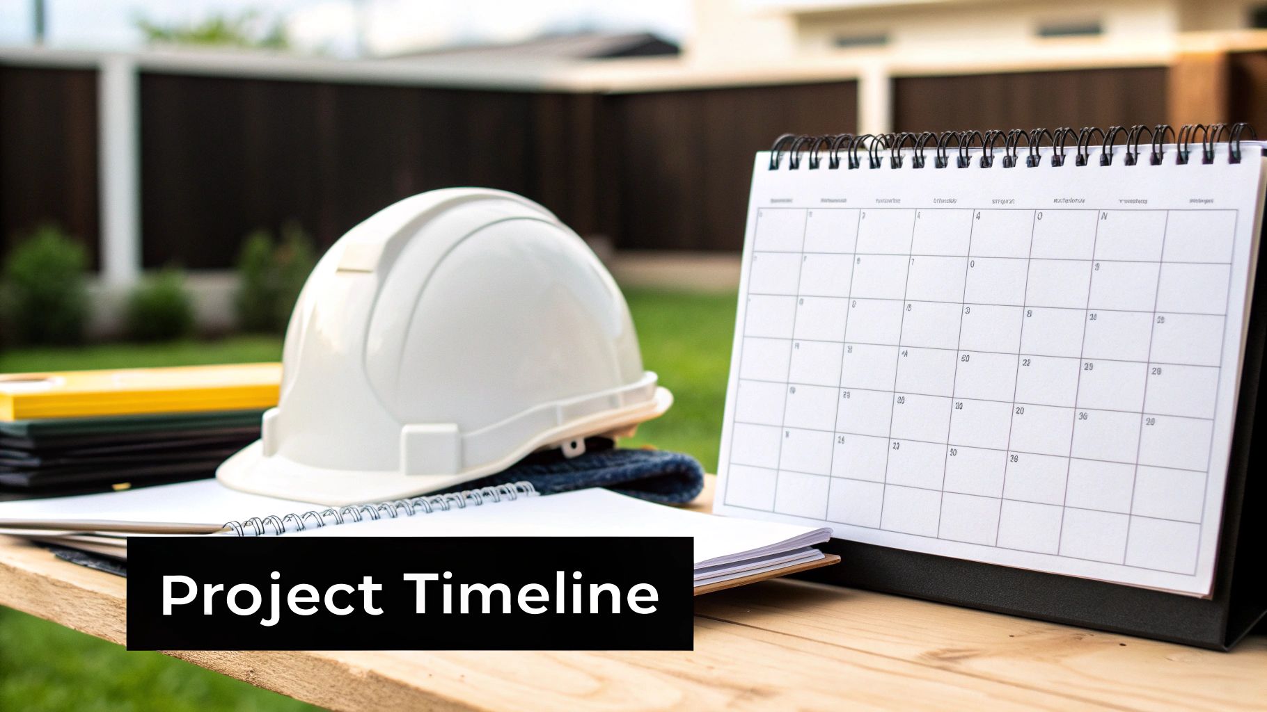 A white hard hat, a project notebook, and a calendar on a wooden table, symbolizing construction planning.