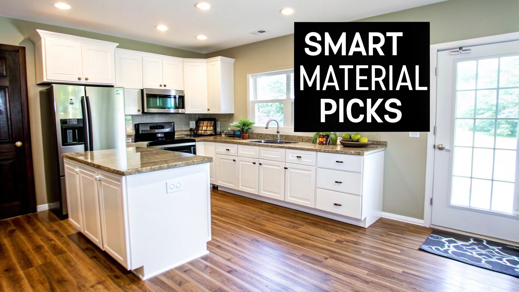 A bright, modern kitchen with white cabinetry, stainless steel appliances, and a brown countertop island.