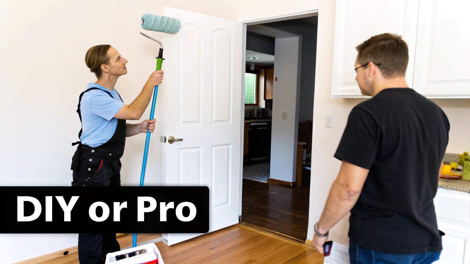 A person in work overalls painting a wall with a roller as another person watches, posing DIY or Pro.