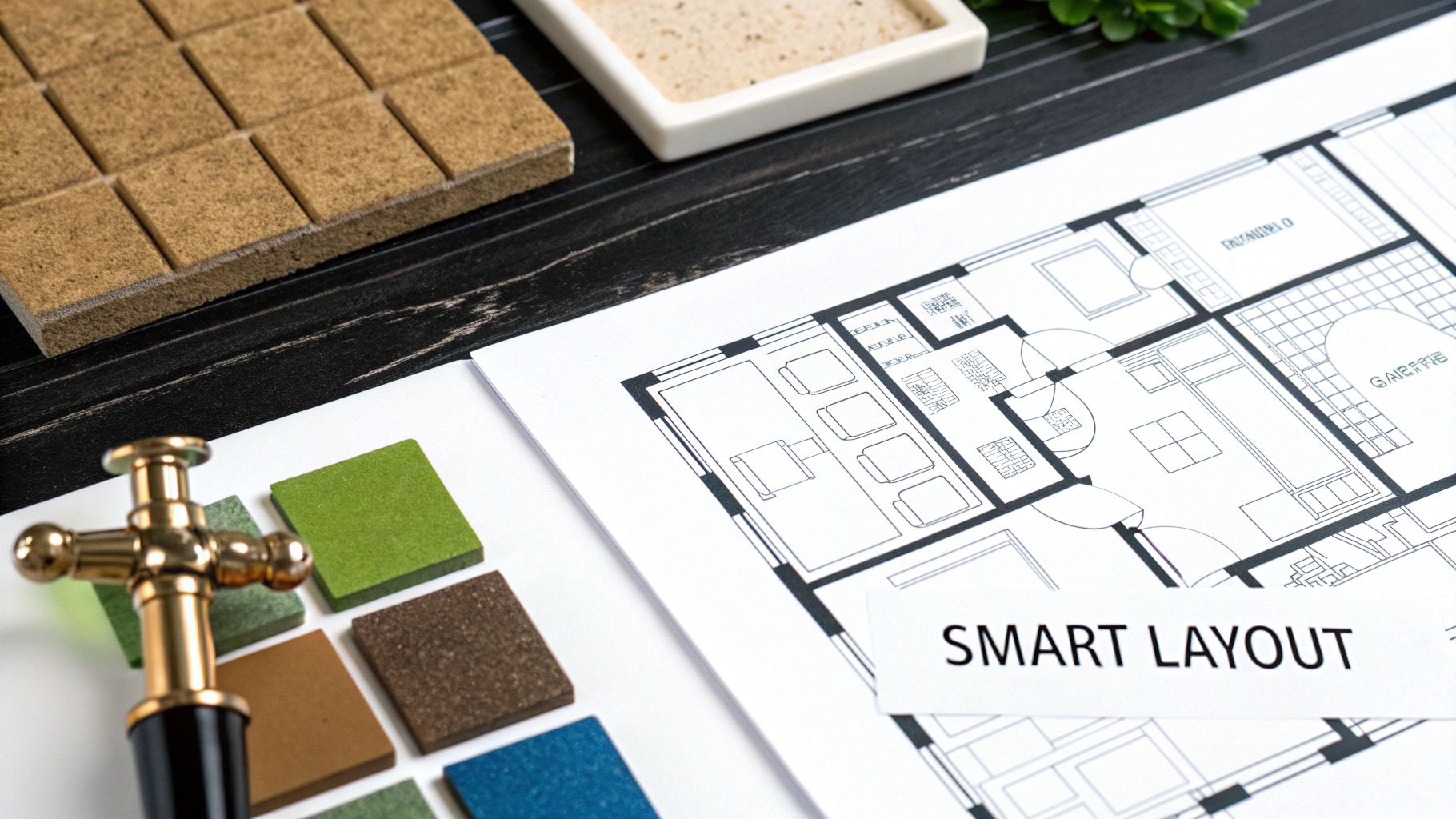 Architectural blueprint with 'SMART LAYOUT' text, various material samples, and a golden pen for design planning.