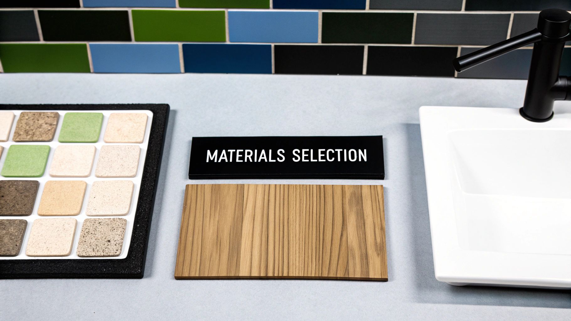 Material samples including stone, wood, and colored tiles for a bathroom or kitchen design selection, next to a sink and faucet.