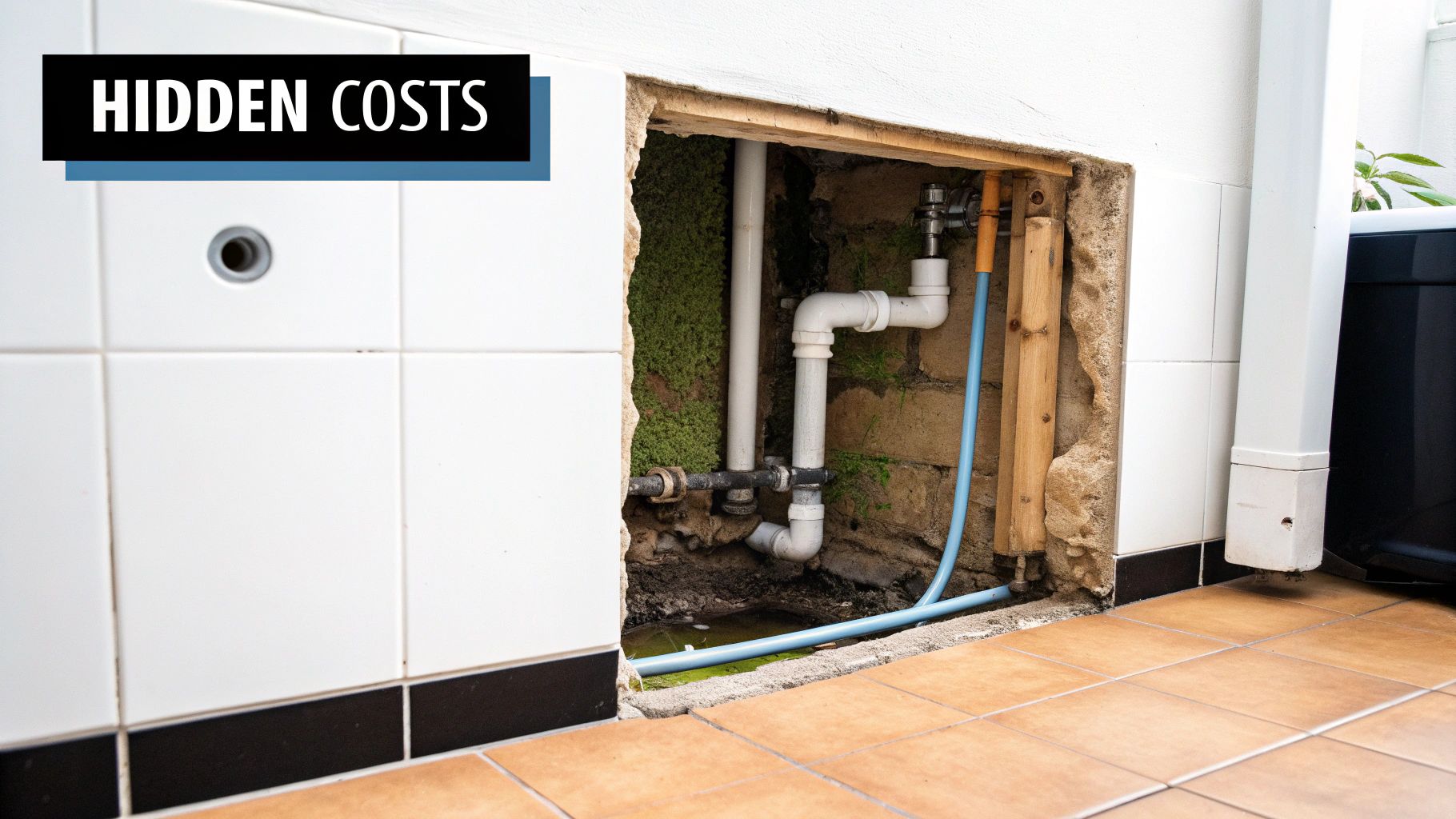 A section of a tiled wall removed to reveal leaking pipes, moss, and standing water, illustrating hidden costs.