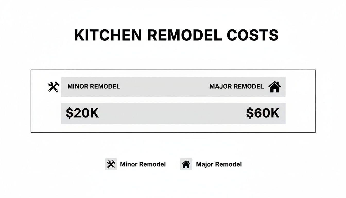 Visual display of kitchen remodel costs, detailing minor remodels at $20K and major remodels at $60K.
