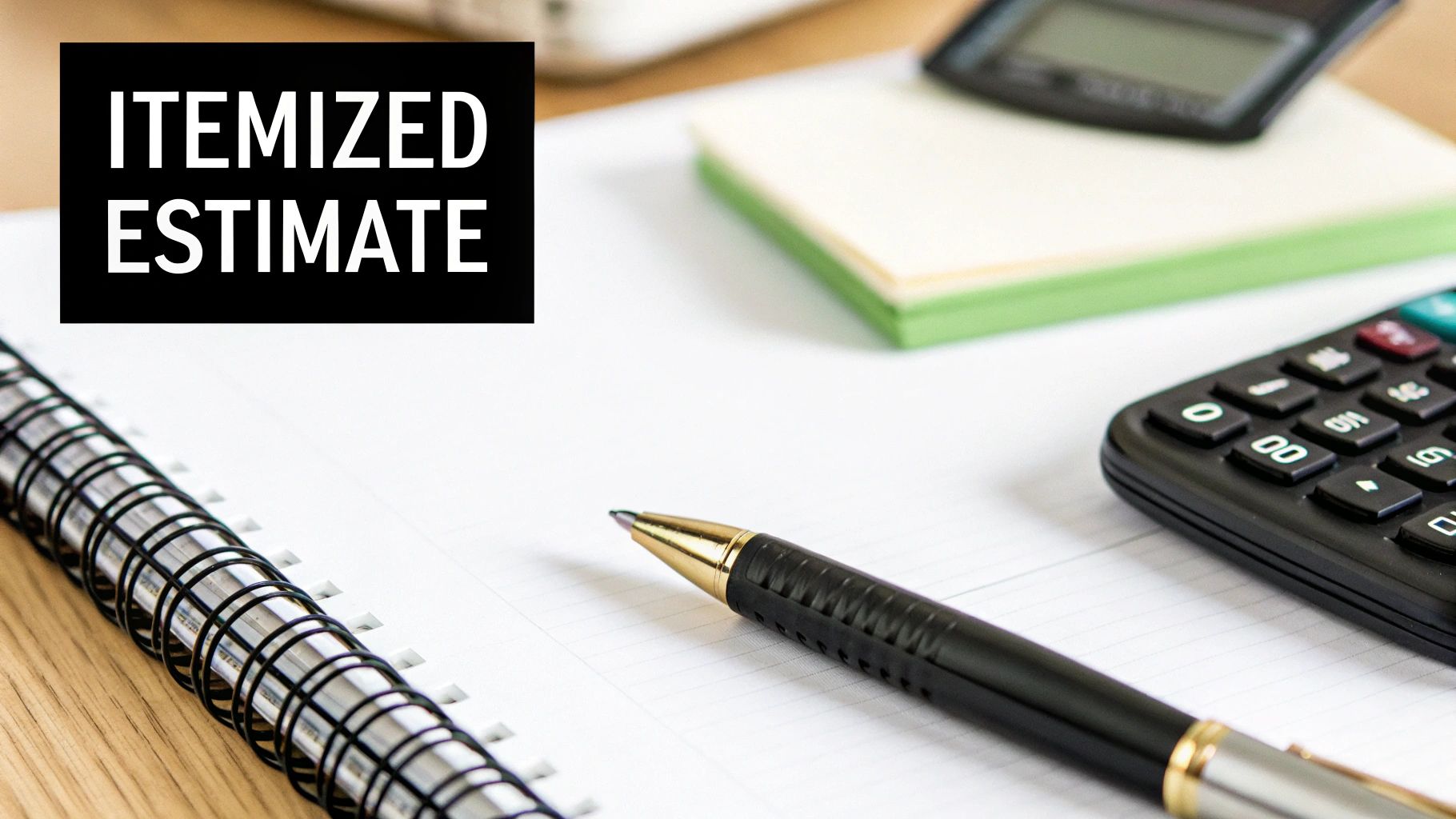 A desk scene with a notebook, pen, calculator, and a sign reading 'ITEMIZED ESTIMATE'.