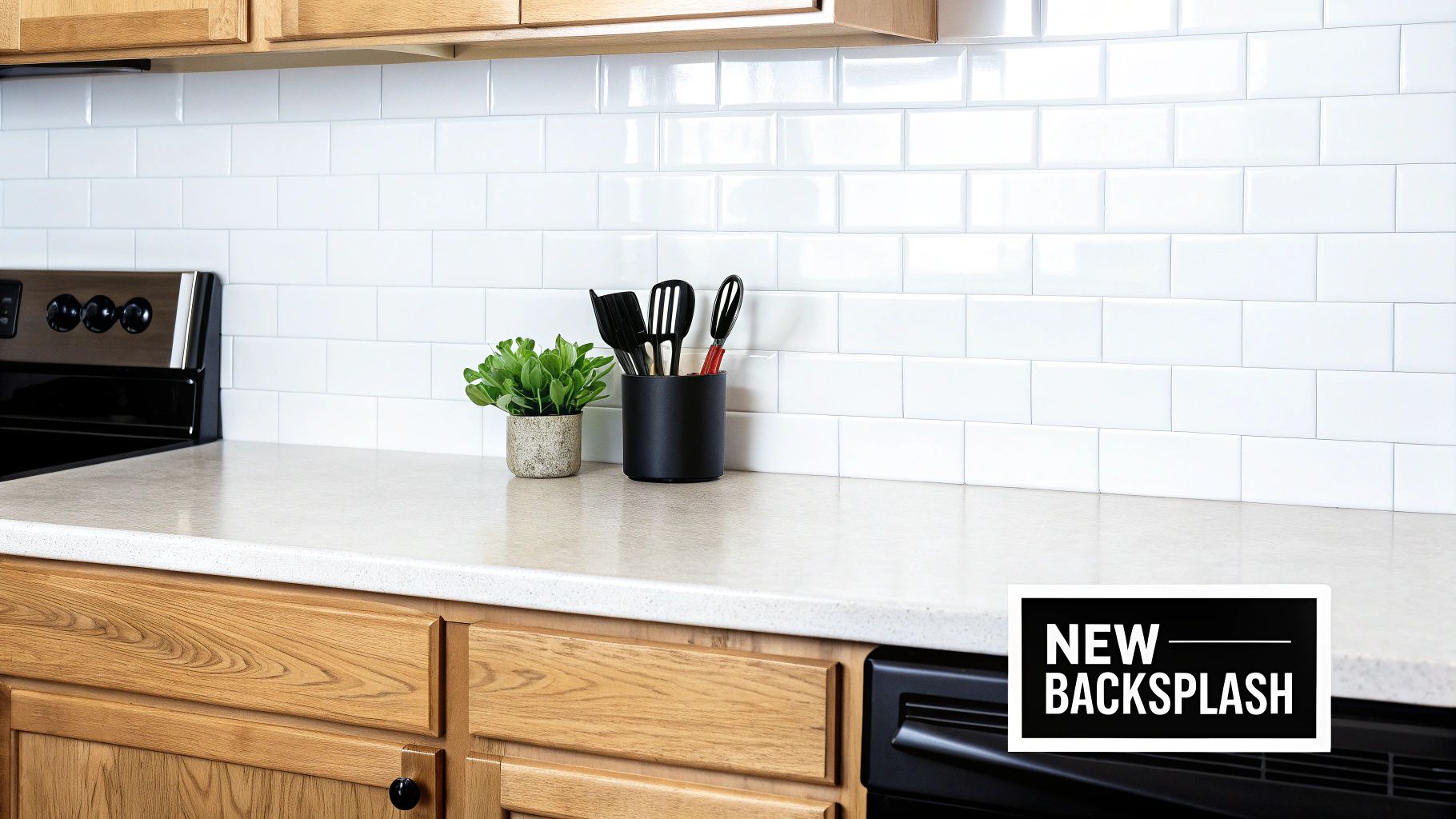 Bright kitchen featuring a new white subway tile backsplash, light wood cabinets, and a beige countertop.
