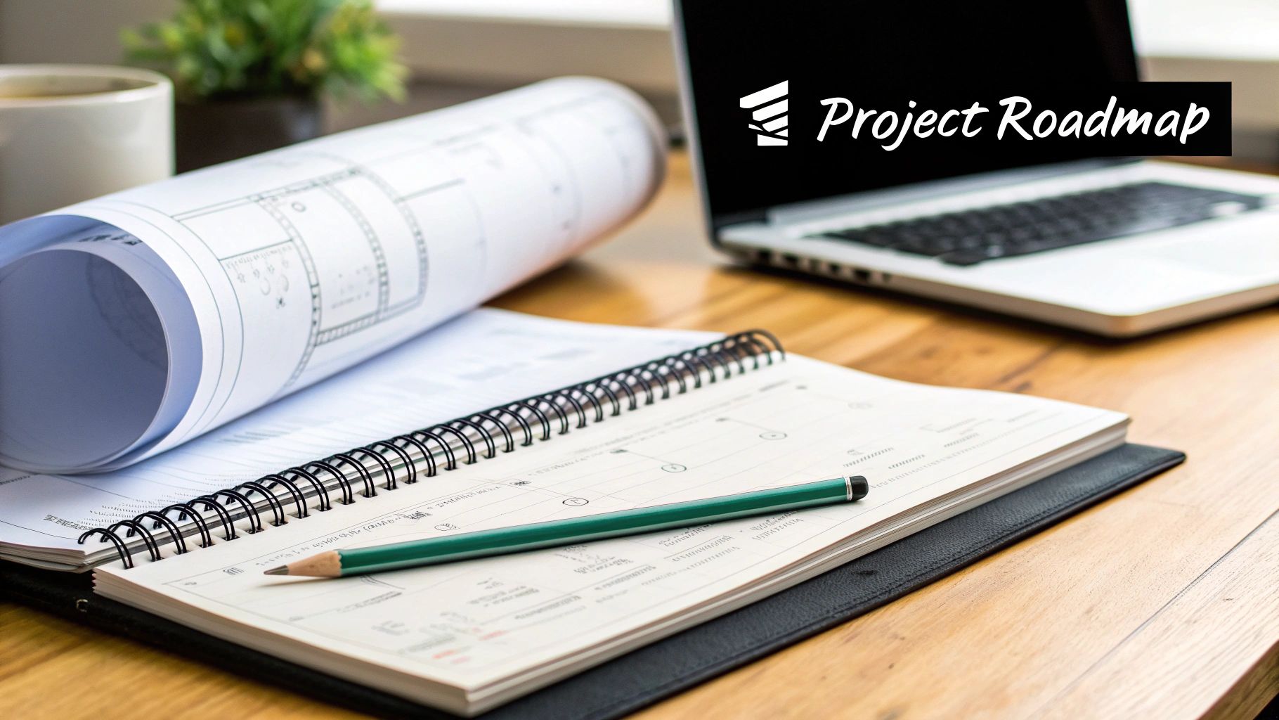A desk setup with blueprints, a notebook, pencil, laptop displaying 'Project Roadmap', and a coffee.