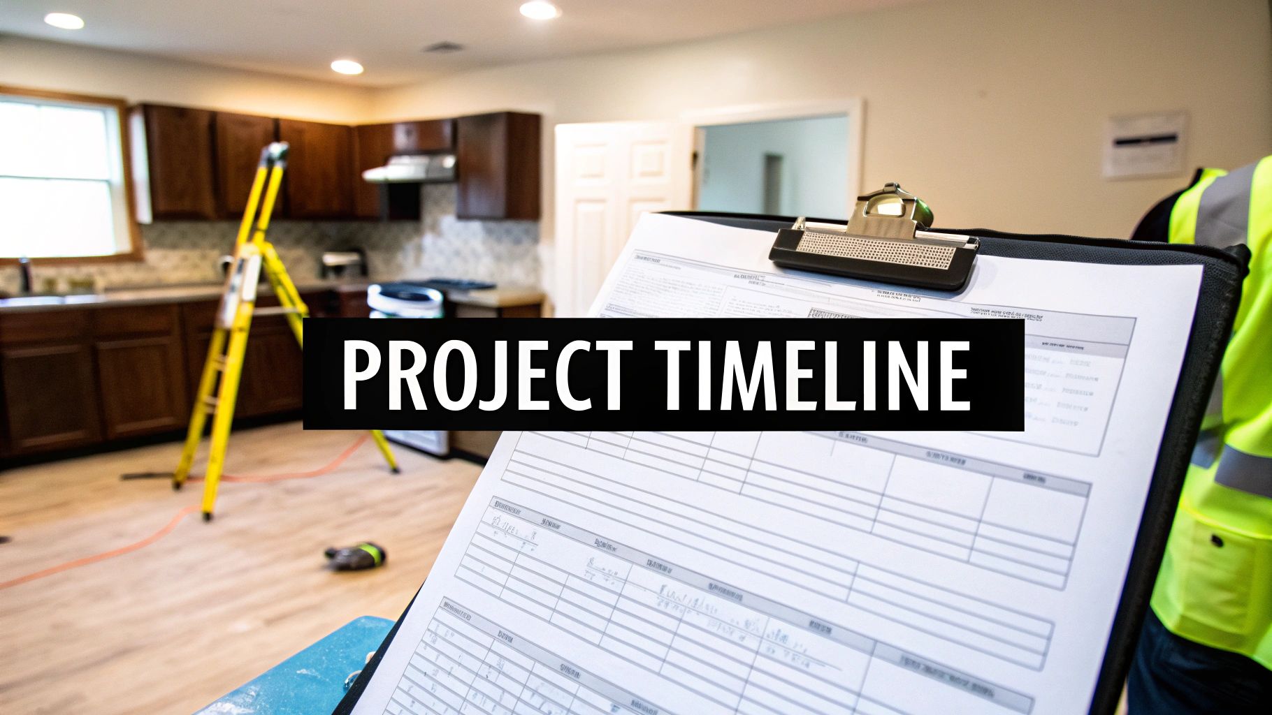 A kitchen under renovation with a project timeline document on a clipboard held by a worker.
