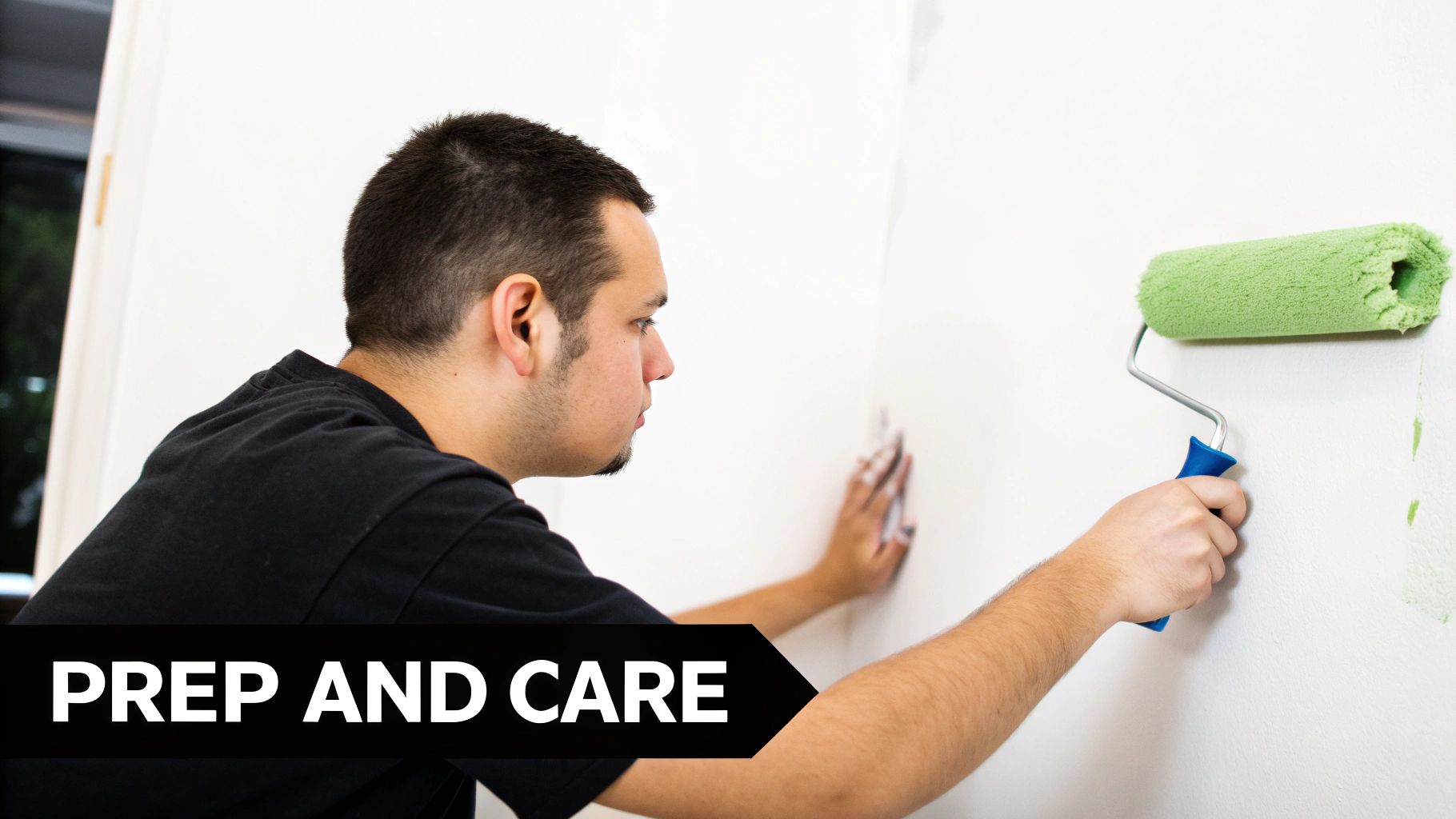 A man is shown painting a white wall with a green roller, emphasizing 'PREP AND CARE'.