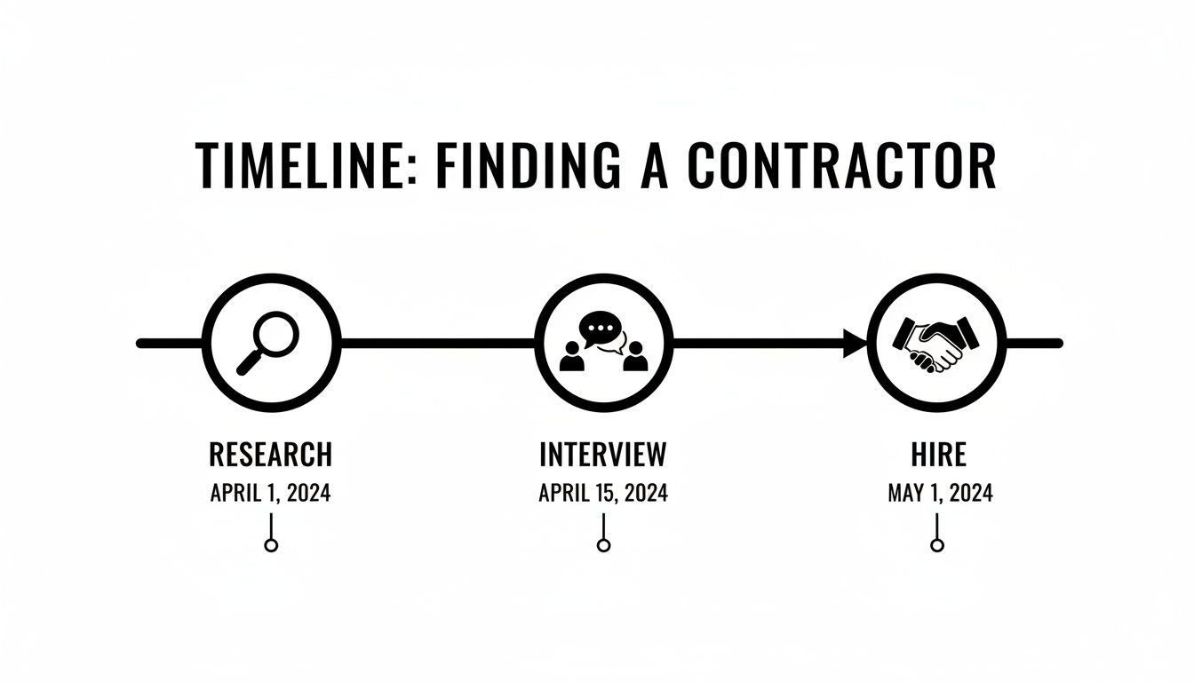 A black and white timeline showing the steps to find and hire a contractor: Research, Interview, and Hire, with specific dates.