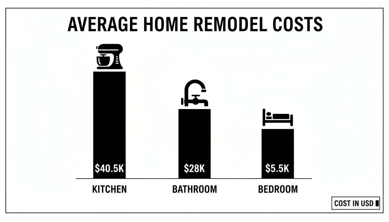 Bar chart displaying average home remodel costs: Kitchen $40.5K, Bathroom $28K, Bedroom $5.5K.