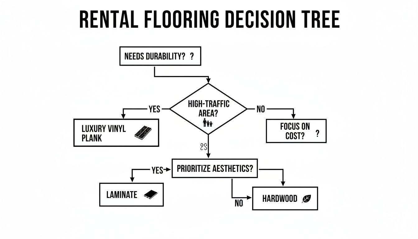A decision tree flowchart guides choices for rental flooring based on durability, high-traffic areas, cost, and aesthetics.