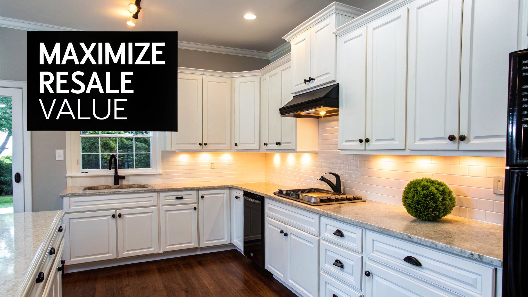 Bright, modern white kitchen with new appliances, subway tile backsplash, and under-cabinet lighting, emphasizing resale value.