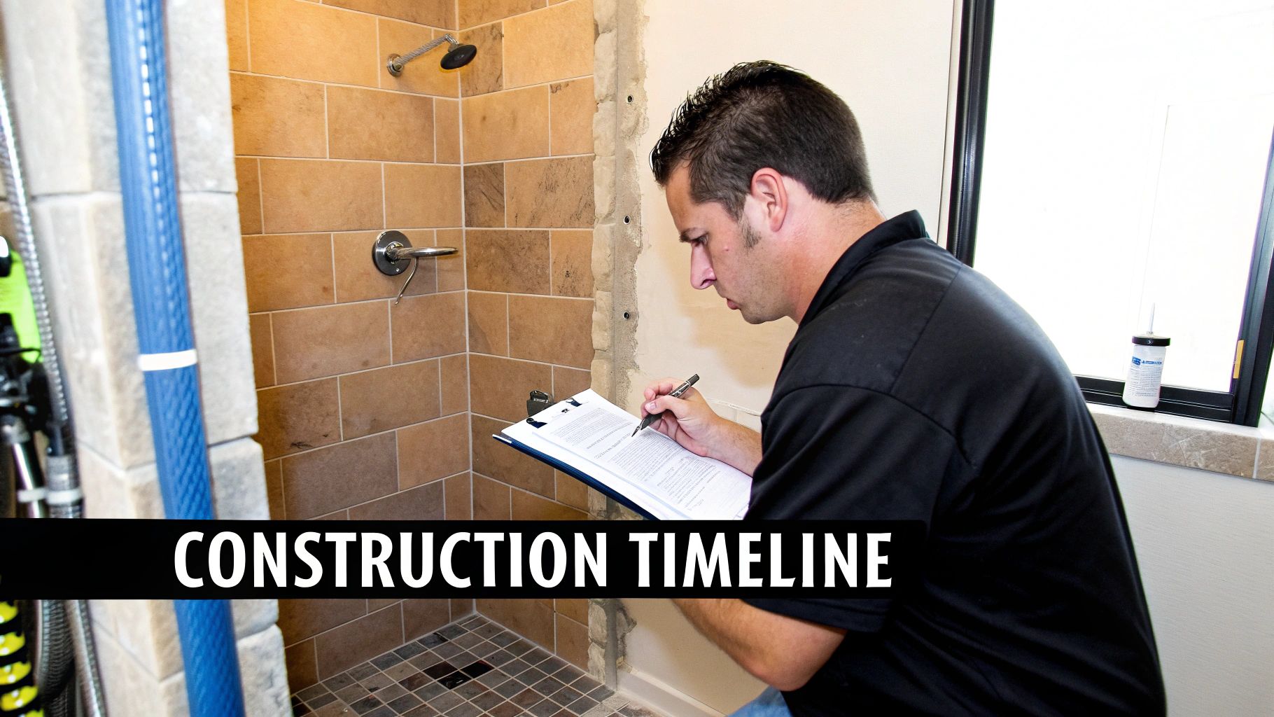 A man reviews documents on a clipboard in a bathroom under construction, featuring a tiled shower.