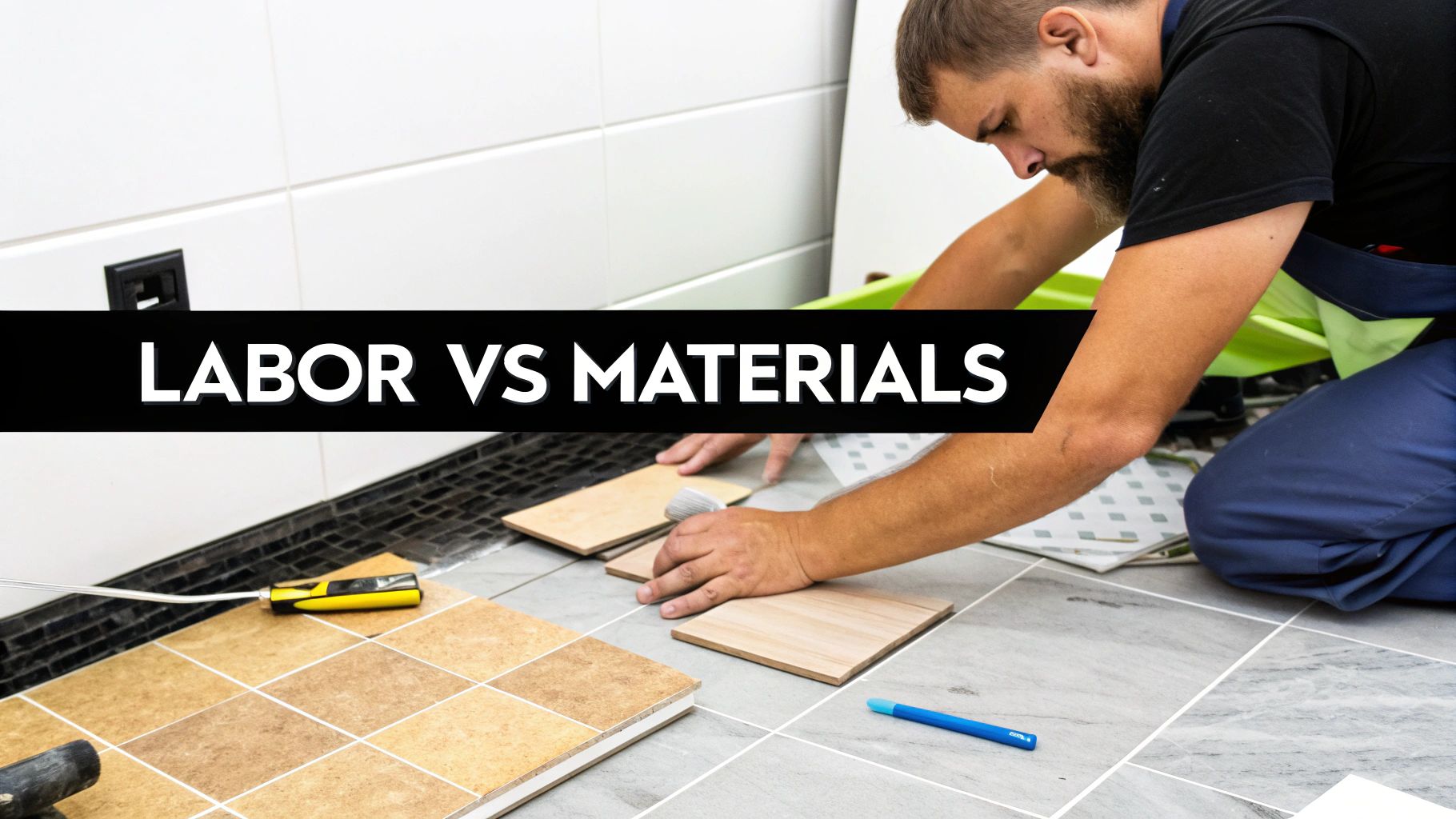 A man installs new tiles on a floor, illustrating the distinction between labor and material costs.