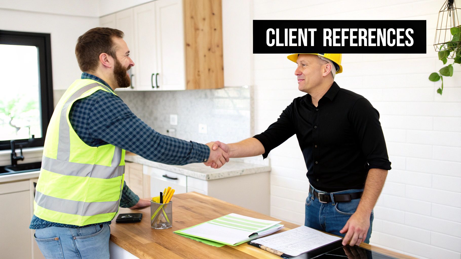Two construction workers shaking hands in a modern kitchen, with documents on a counter and 'Client References' text.