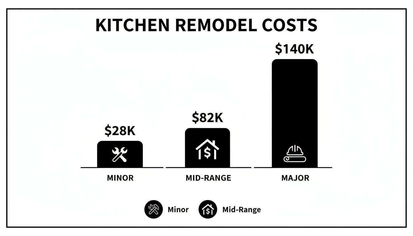 Bar chart illustrating kitchen remodel costs: minor at $28K, mid-range at $82K, and major at $140K.