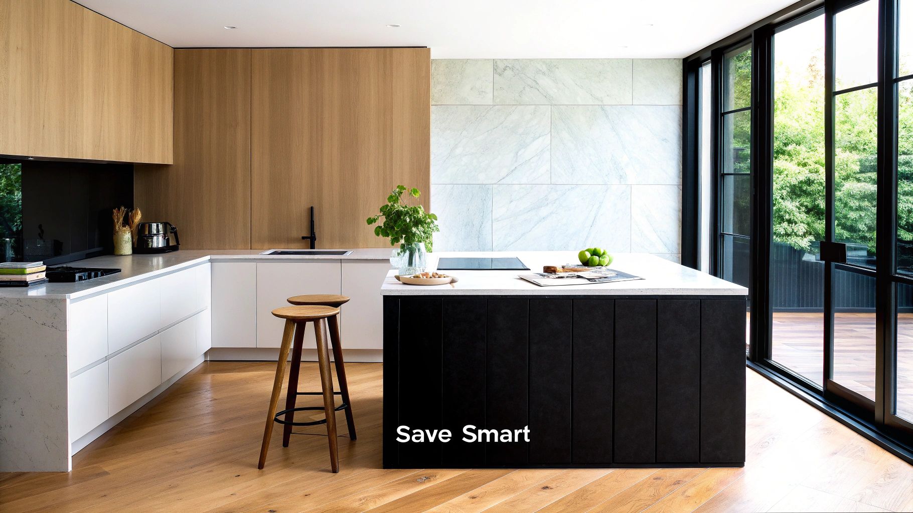 A stylish, modern kitchen featuring light wood cabinets, white marble counters, a black island, and large windows.