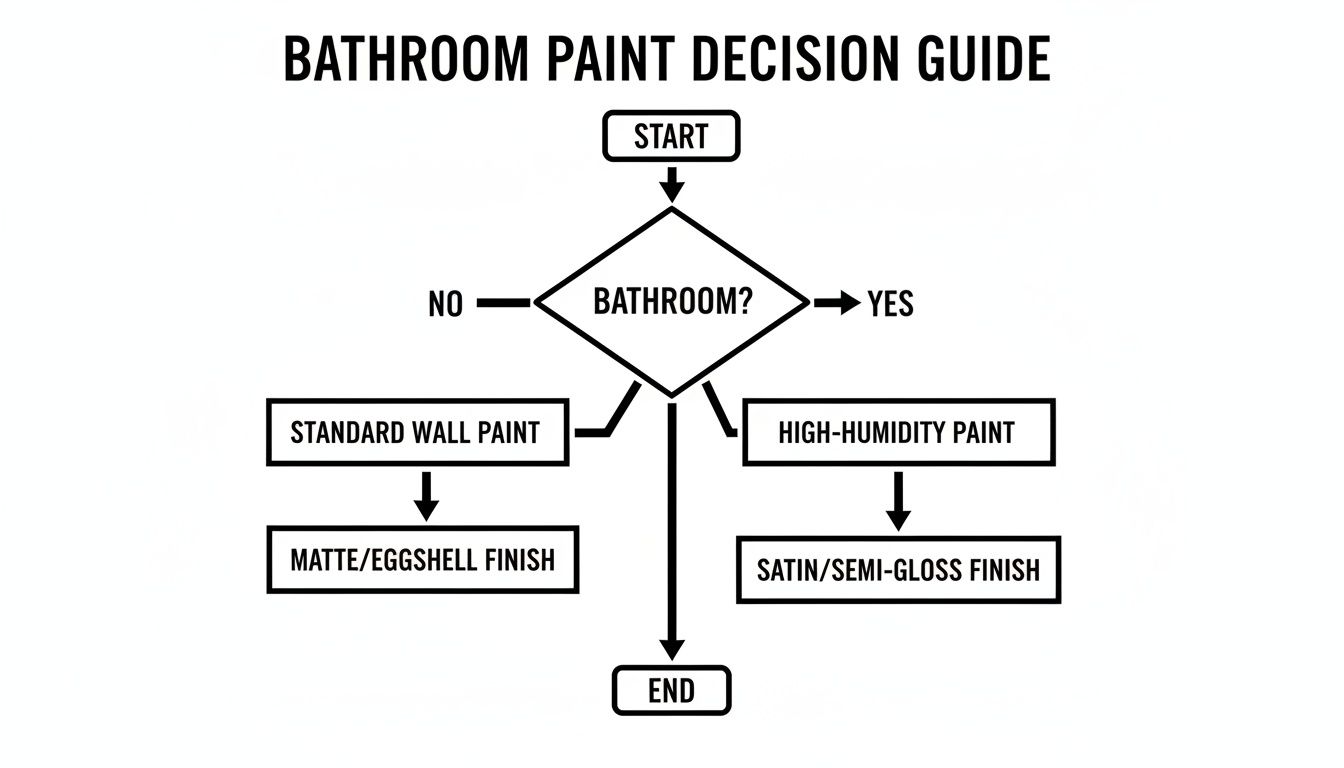 Flowchart for choosing paint: high-humidity for bathrooms with satin/semi-gloss, standard wall paint with matte/eggshell for other rooms.