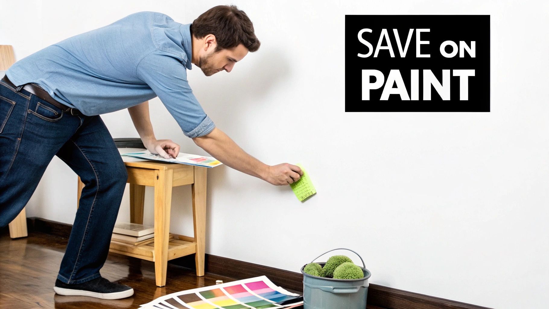 A man in a blue shirt cleaning a white wall with a sponge, preparing to paint.